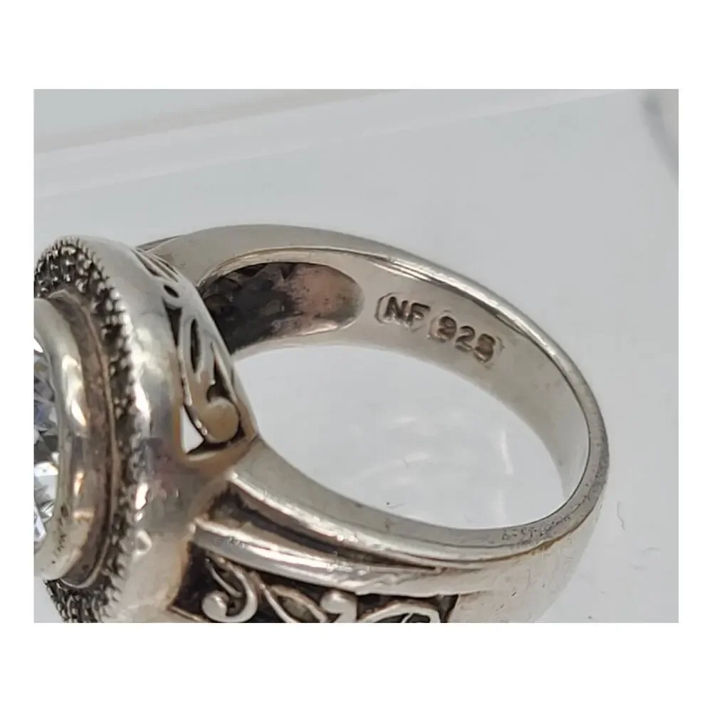 Vintage Sterling Silver Cushion Cut Cubic Zirconia Marcasite Ring Sz 8.5